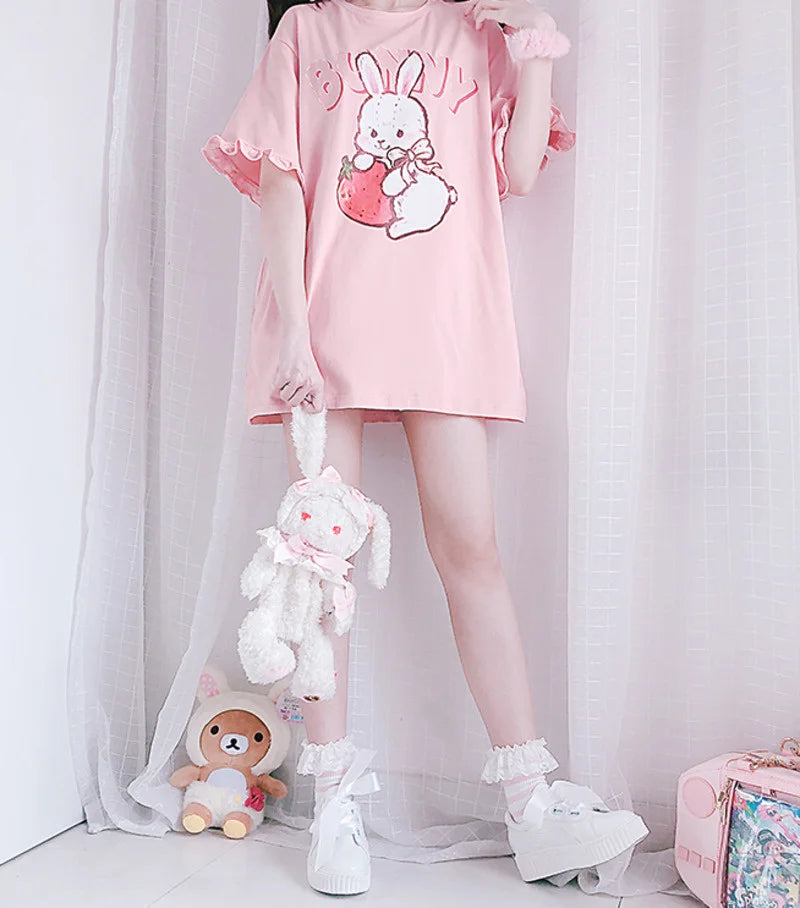 Summer Women Cute Lolita Pink T-Shirts Cartoon Strawberry Rabbit Print Tshirt Ruffles Short Sleeve Tops JK Girls Kawaii Tee Top