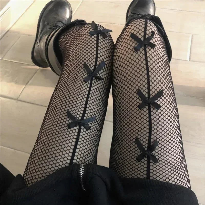 Women Stockings Pantyhose Hollow Out Transparent Slim Fishnet Pantyhose with Bow-knot