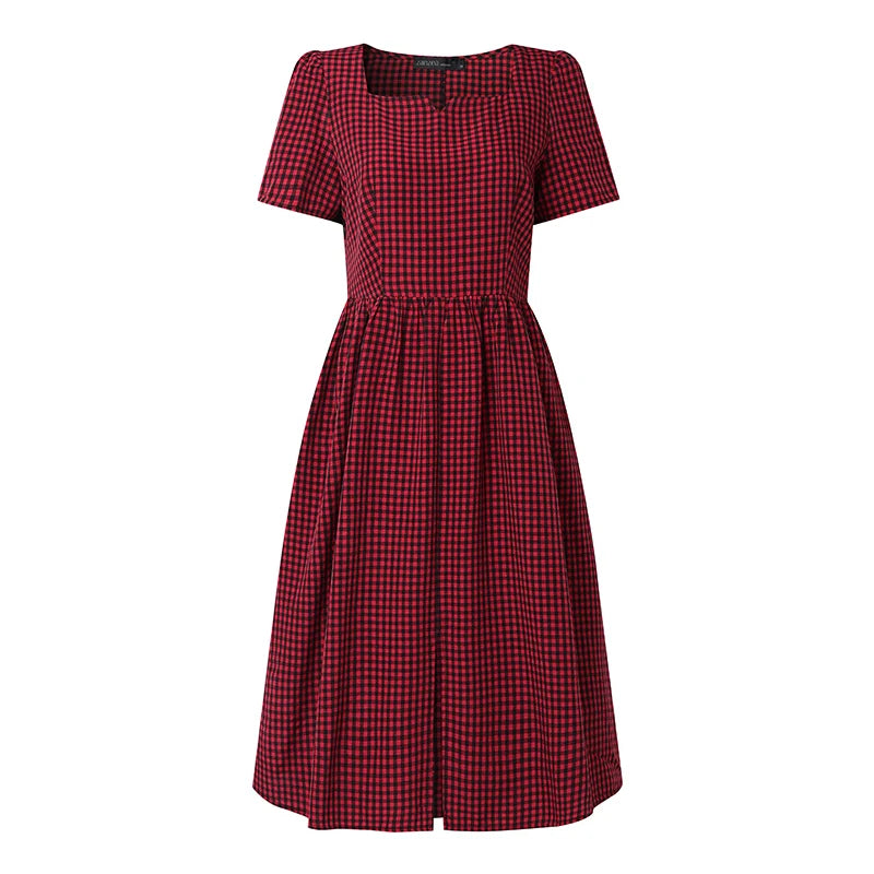 Women Summer Plaid Dress 2026 ZANZEA Elegant Square Neck Short Sleeve Midi Dresses Casual Work Vestidos Stylish Holiday Sundress
