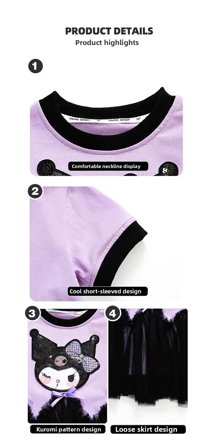 kuromi Princess Style Short Sleeve Dress for Girls Baby Mesh Skirt Summer New Arrival Children's Clothing Casual Daily Skirt