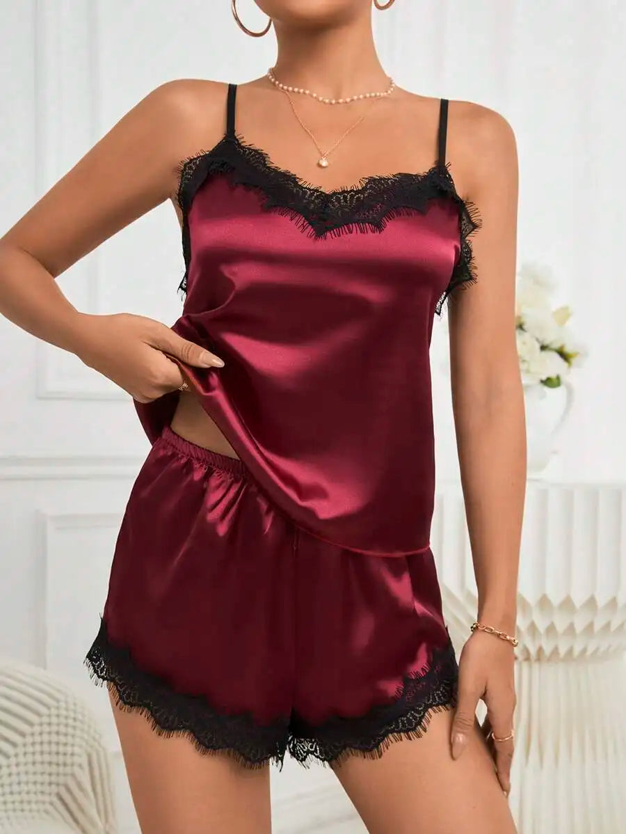 Champagne solid color Women Ice Silk Pajamas Sleepwear Pajama Set Satin Camisole Shorts  Low Cut Comfortable Casual Summer