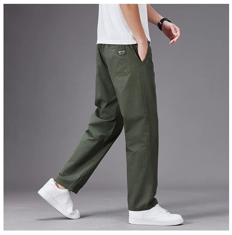 Big Size Casual Pants Men Elastic Waist Straight Leg Fit Summer Trousers Male Loose Cotton Work Wear Plus Large 6XL Khaki Light