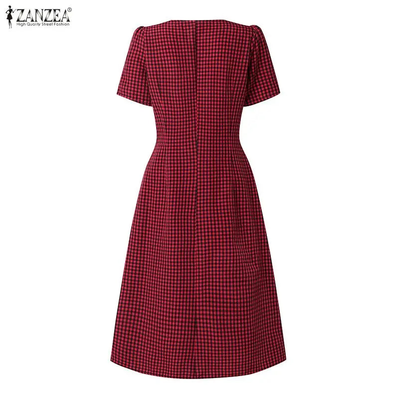 Women Summer Plaid Dress 2026 ZANZEA Elegant Square Neck Short Sleeve Midi Dresses Casual Work Vestidos Stylish Holiday Sundress