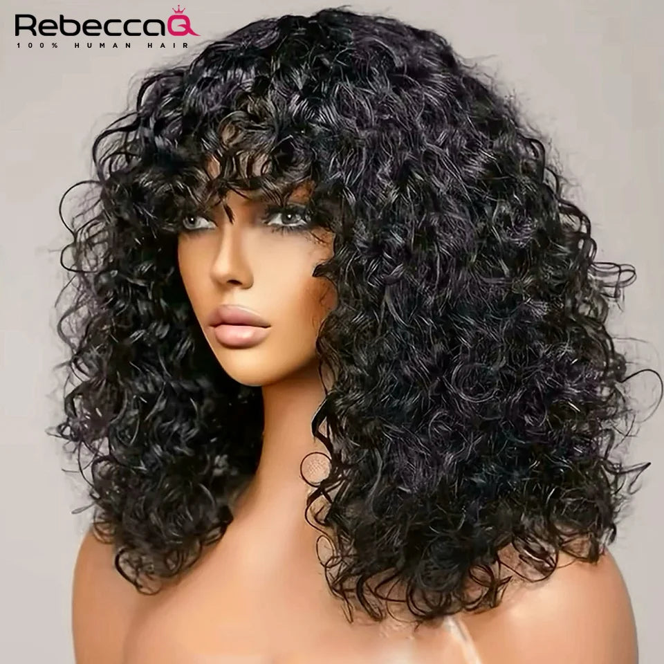 Short Curly Bob Wig With Bangs 100% Human Hair Wigs For Women Brazilian Remy 4C Hair Jerry Curl Glueless Daily Use Natural Color