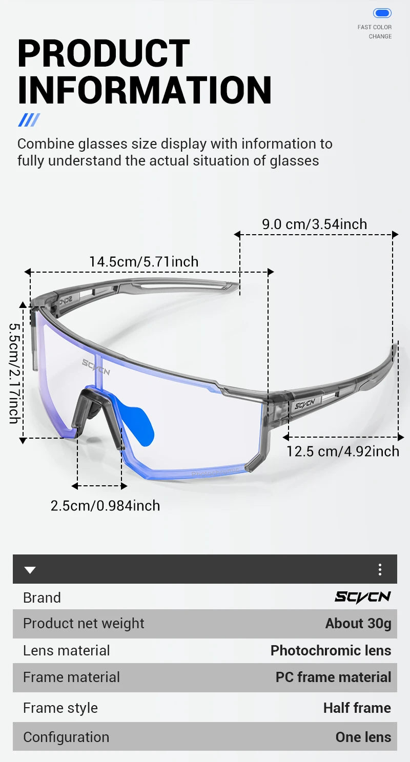 SCVCN Photochromic Sunglasses Outdoor Sports Bike Cycling Glasses Man MTB Climbing Glasses Women Driving Bicycle Eyewear New