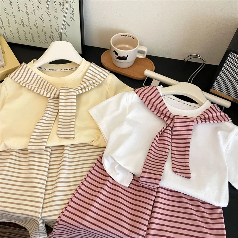 Girls Suit Summer Short-sleeved T-shirt With Stripes Shawls+Pants 2Pcs Outfits Kids Casual Clothes Children's Fashion Sets 1-12Y