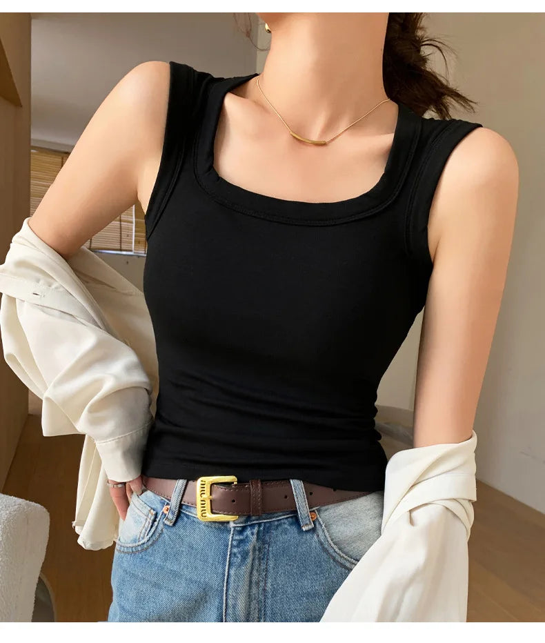 2026 New Wide Shoulder Strap Women's Vest with Chest Pad Summer All-match I-shaped Vest Slim Fit Base Top Fashion Outer Wear