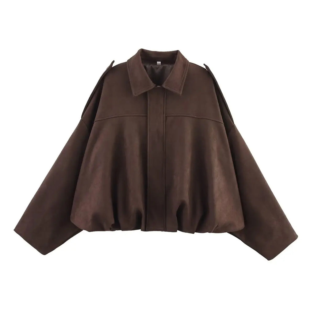 YENKYE New 2025 Women Suede Textured Bomber Jacket Long Sleeve Lapel Collar Loose Coats Casual Female Outerwear Chic Tops
