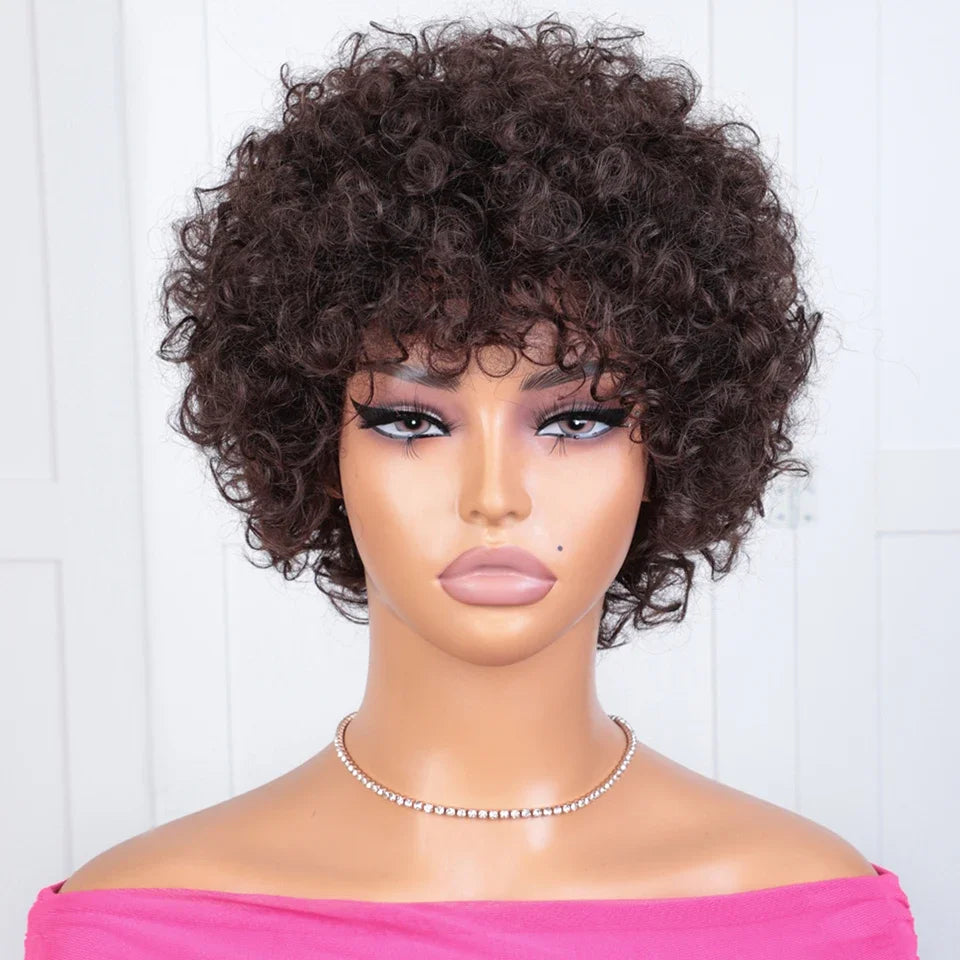 Brazilian Short Bob Pixie Afro Kinky Curly Wigs With Bangs For Black Women Natural Brown 99J Full Machine Made Human Hair Wigs