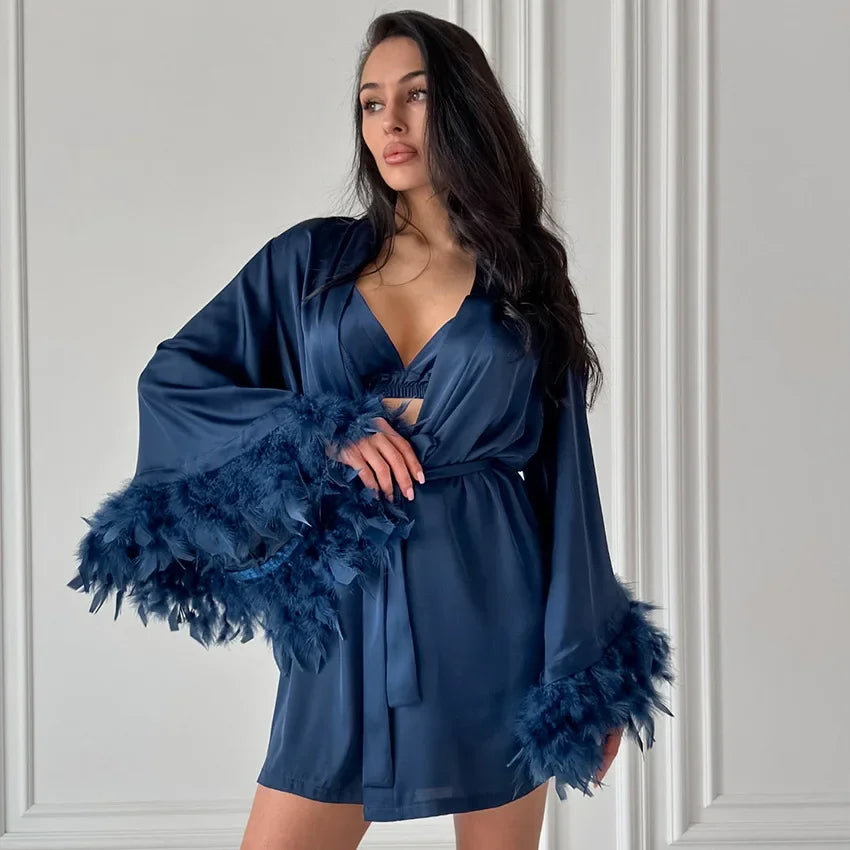 Shorts Nightgown Three-piece Set, Imitation Silk, Loungewear, Feather Pajamas
