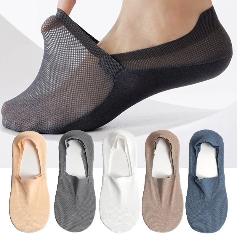 3 Pairs Men's Boat Socks 100% Cotton Deodorant Sweat Absorption Mesh Invisible Sock Thin Breathable Silicone Non-slip Silk Socks