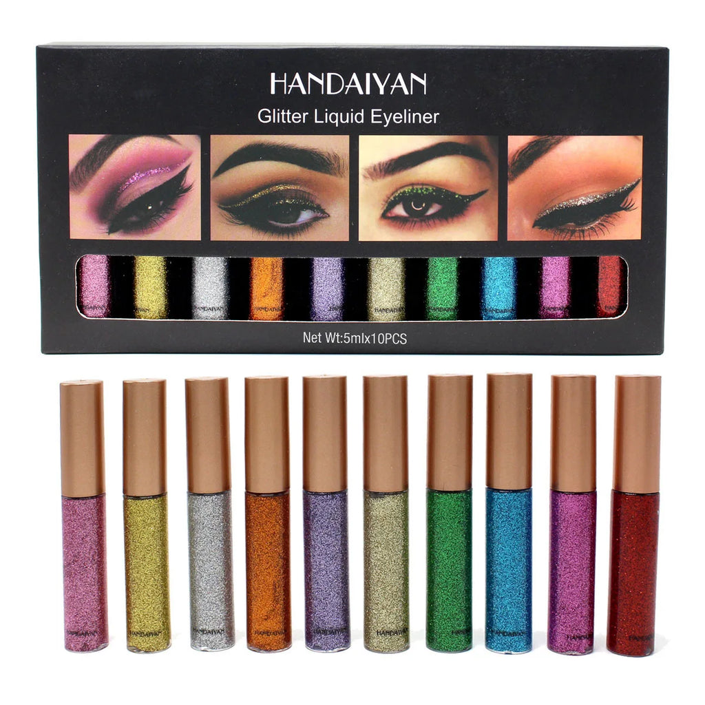 Long Lasting Glitter Eyeliner Kit 10 Vibrant Shades Metallic Sparkle Smudge Proof Easy Apply Eye Liner Makeup Set
