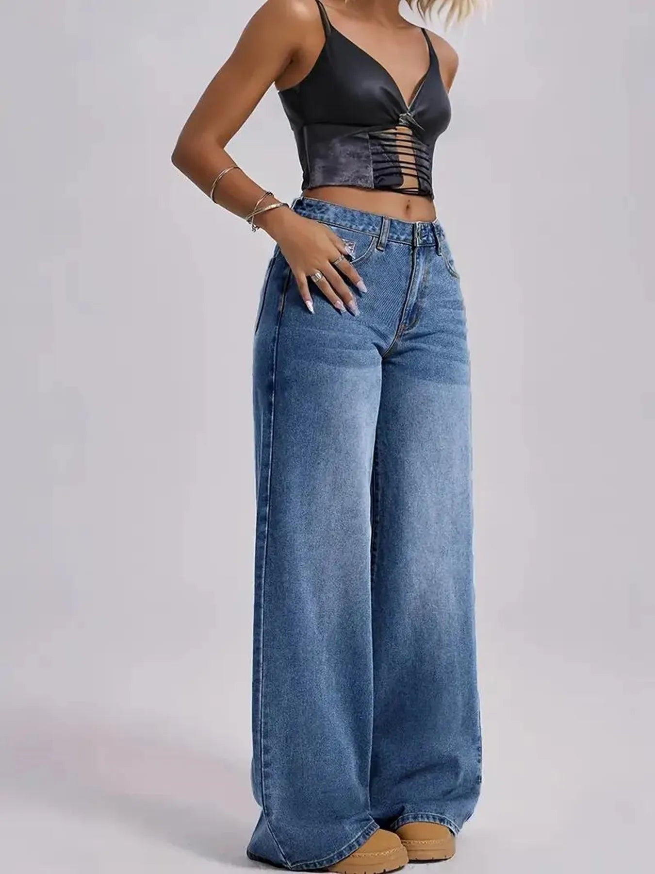 Women's Coffee Brown Wide Leg Jeans High Waisted Super Stretchy Loose Fit Denim Trousers Streetwear