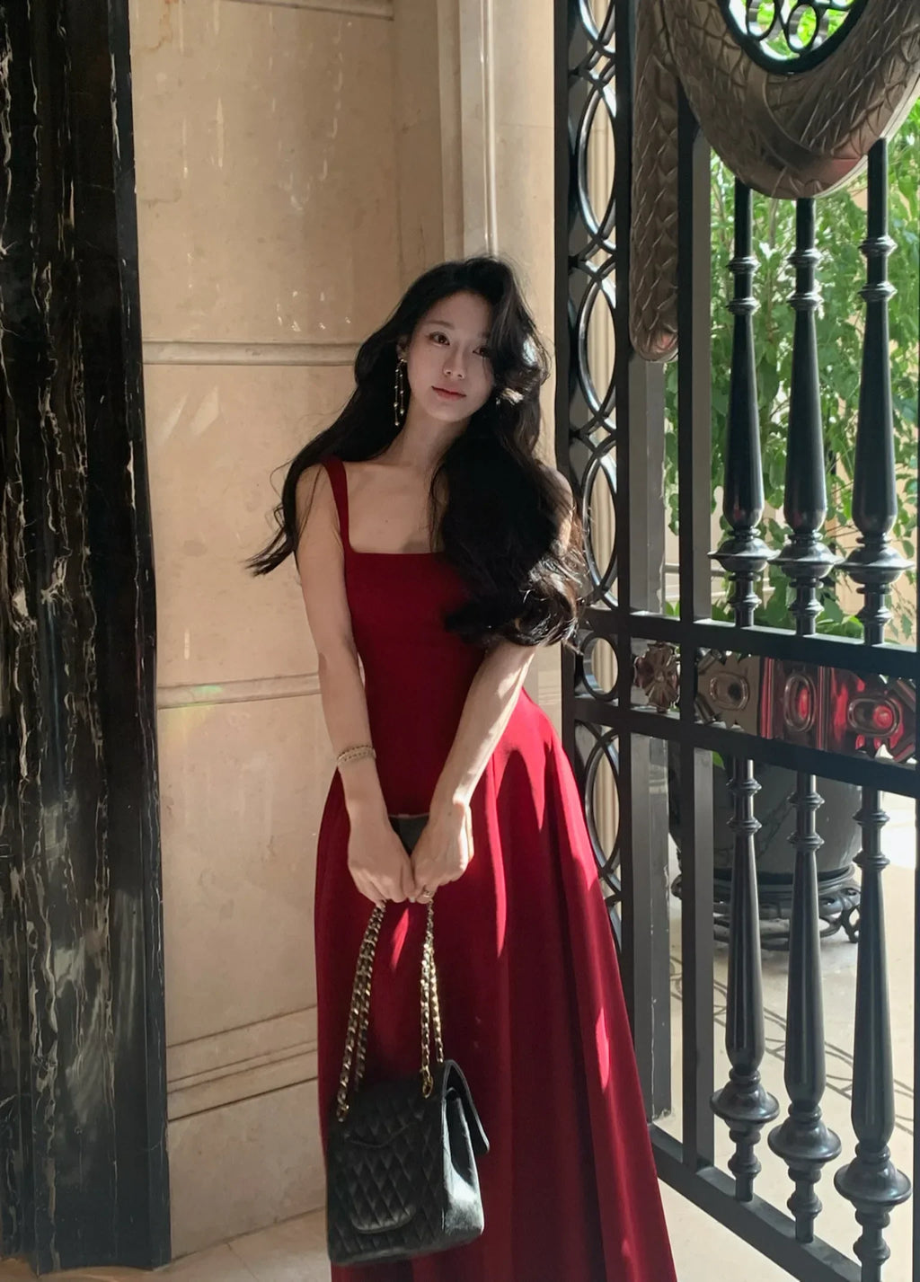 Elegant Korean Fashion Summer Evening Party Red U-neck Sling Dress Lady Casual High Waist Sleeveless Strap Mini Dress for Women