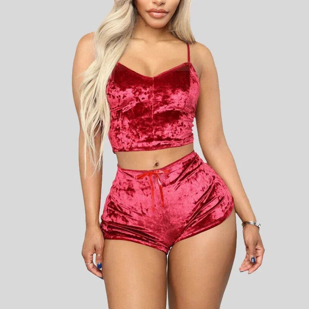 2Pcs/set Women's Velvet Polyester Comfortable V Neck Underwear Crop Top + Shorts Pajama Set Homewear Sleeveless Top Shorts Camis