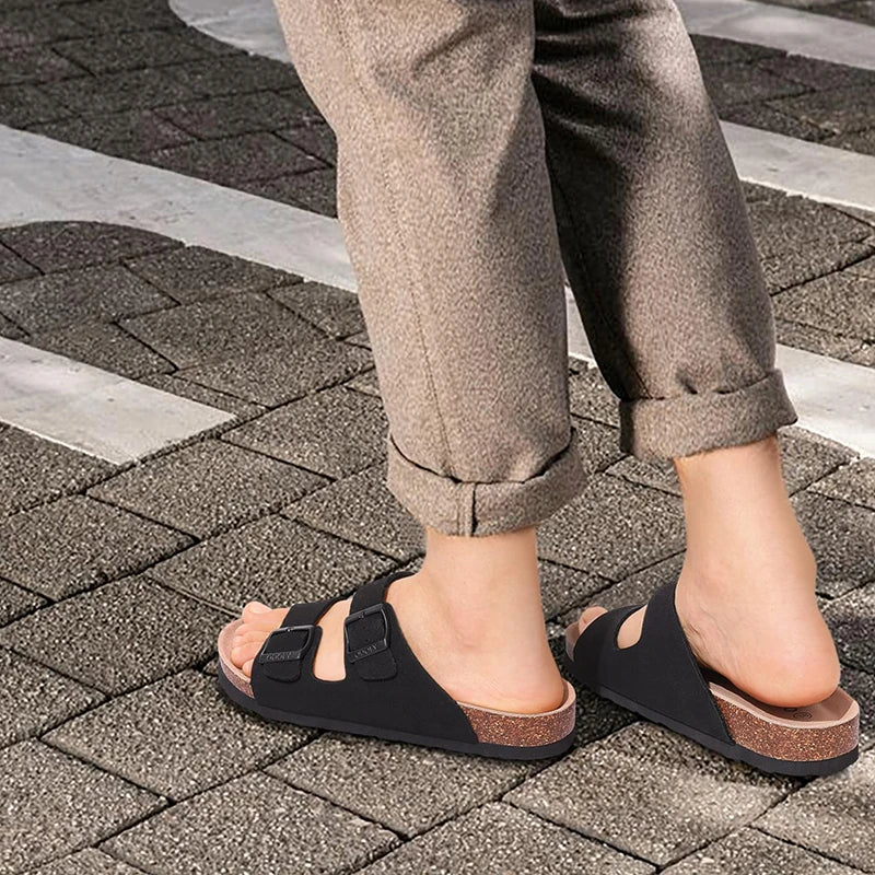 Bebealy Women's Cork Footbed Slide Men Sandal Summer Outdoor Sandals With Adjustable Buckle Beach Sandals Vacation Pool Sandals