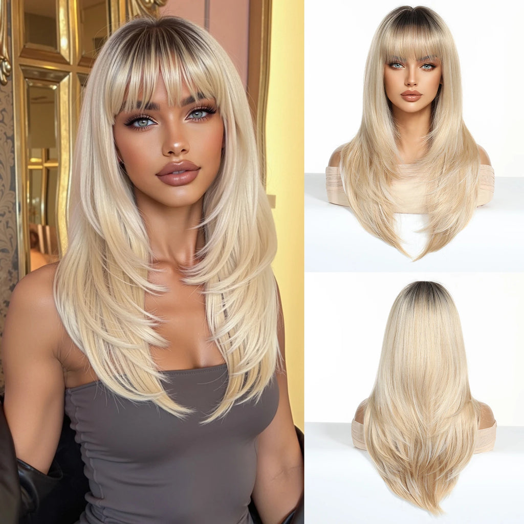 ALAN EATON Long Brown Highlight Synthetic Wigs Layered Straight Hair Wig Realistic Fake Hair for Daily Wear High Temperature Wig