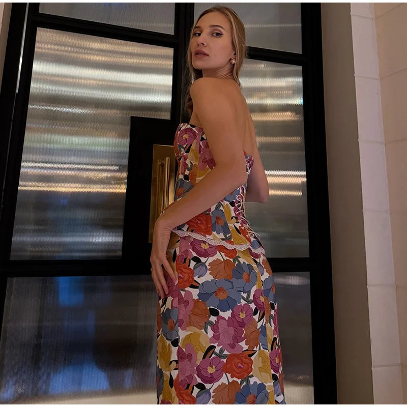 Tropical Floral Print Strapless Corset Top & Mermaid Midi Skirt 2-Piece Set 2026 Summer Chic Bold Women Vacation Date Vestido