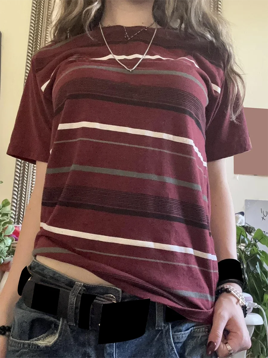 Womens Y2k Grunge Shirts Striped Baggy Crew Neck Short Sleeves Emo Tops 2000s Harajuku Vintage Teen Girls Goth Clothes