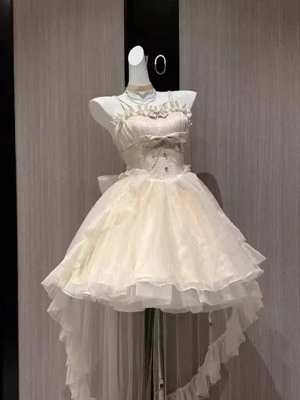 Gothic Red Lolita JSK Dress Women Spaghetti Strap Ruffle Tulle Skirt Chain Bow Decor High Low Hem Vintage Princess Party Dress