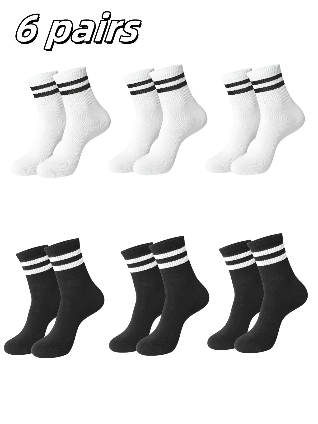 3/ 6 pairs Striped mid-calf socks, crew socks, comfortable and breathable, women's white socks, suitable for daily sports wear