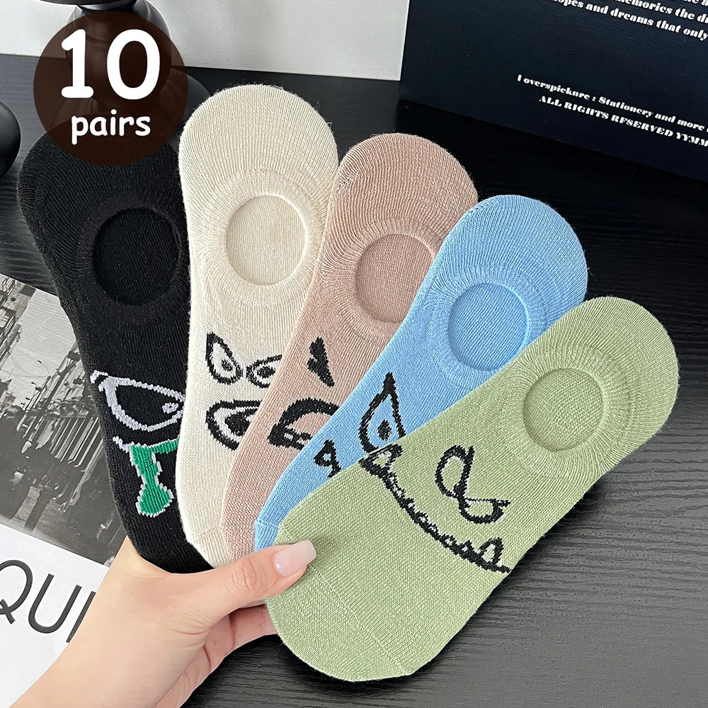 5 Pairs Women Cartoon Patterned Socks Trendy Versatile Breathable Sweat Wicking Deodorizing Antibacterial Comfortable Socks