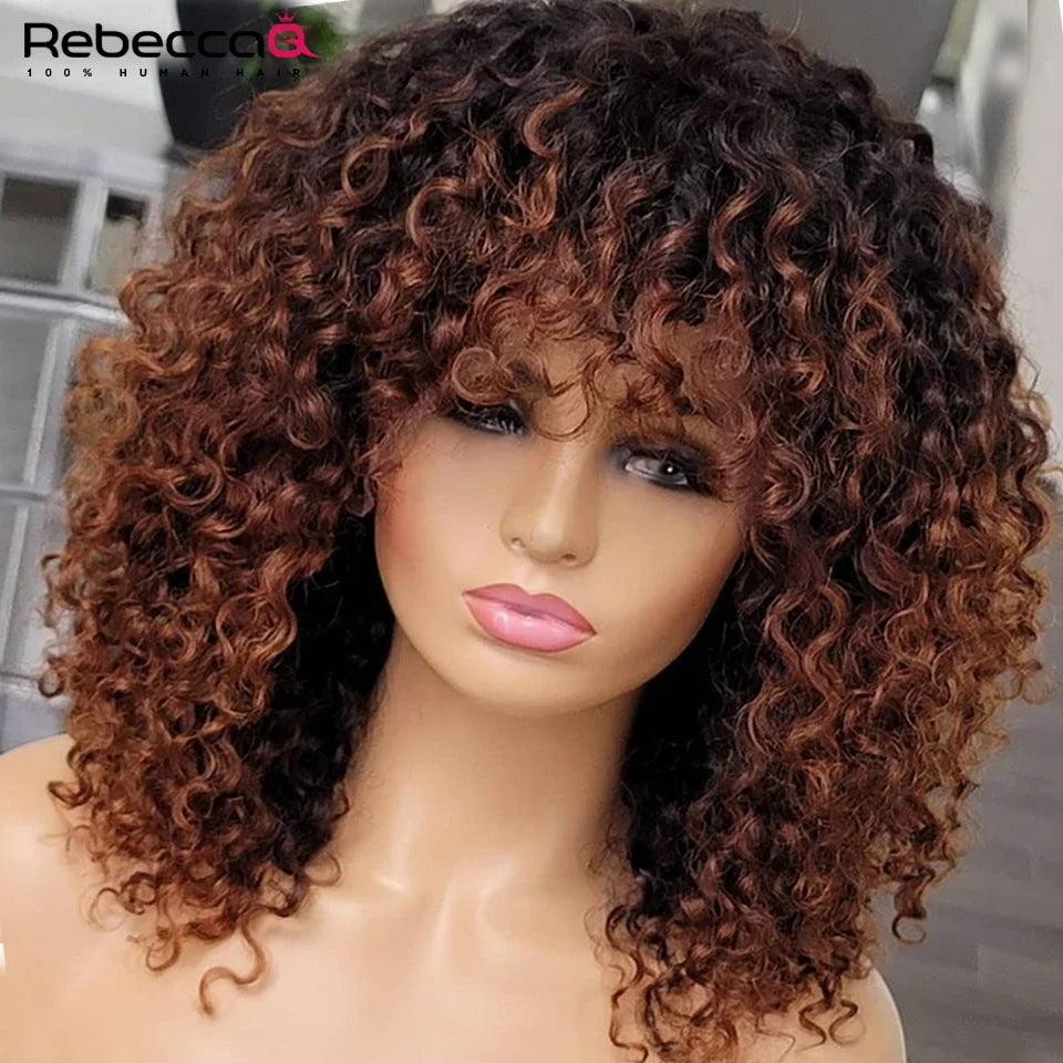 Short Curly Bob Wig With Bangs 100% Human Hair Wigs For Women Brazilian Remy 4C Hair Jerry Curl Glueless Daily Use Natural Color