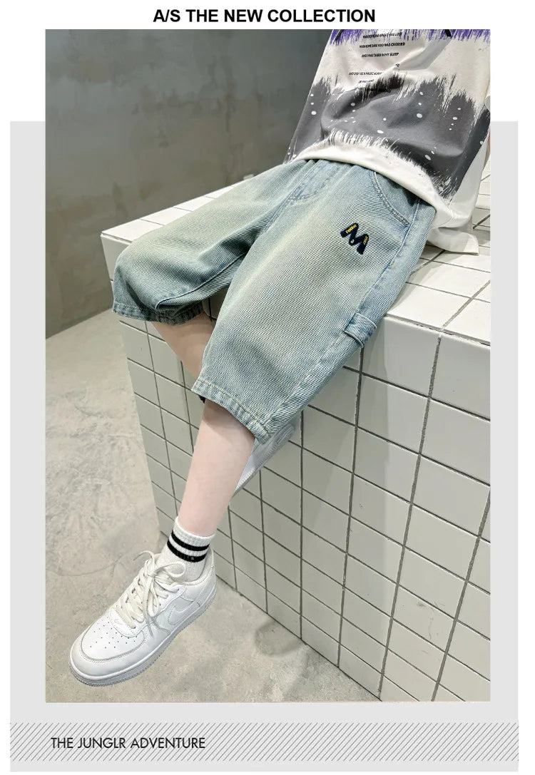 New Summer Teen Boys Shorts Jeans Fashion Letter M Embroidery Short Denim Pants For 4-14 Years Kids Children Trousers