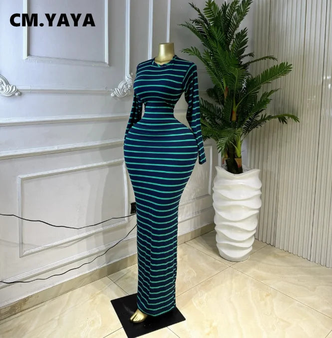 CM.YAYA Women Long Sleeve Striped Print O-neck Long Maxi Dress 2026 Summer Vacation Casual Evening Sexy Party Dresses Vestidos