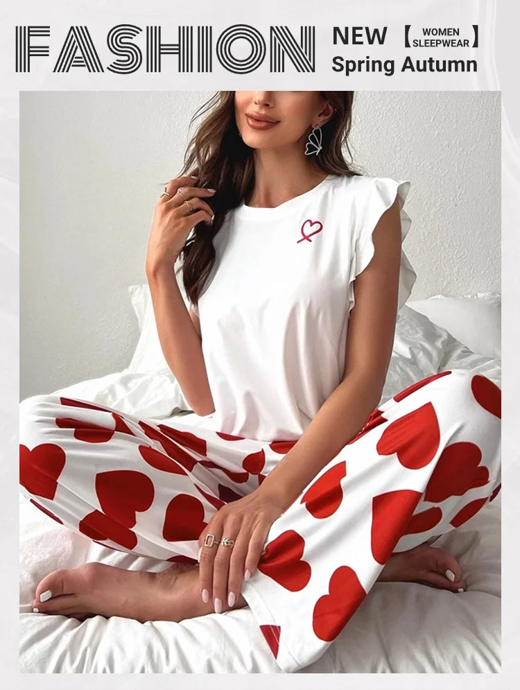 Heart & Letter Printed Womens Pajama Pj Set Soft Short Sleeve Tops & Elastic Waist Pants Pyjama Pijama Femme Casual Home Clothes