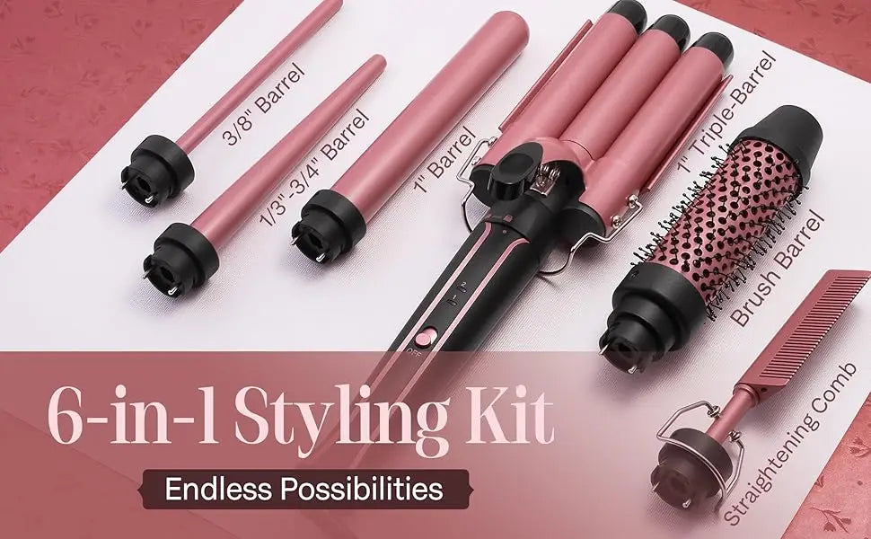Curling Iron Set 6-in-1 Hair Curler with 3 Barrel Hair Crimper, Hair Straightener - Waver Heating Styling Tools for Women