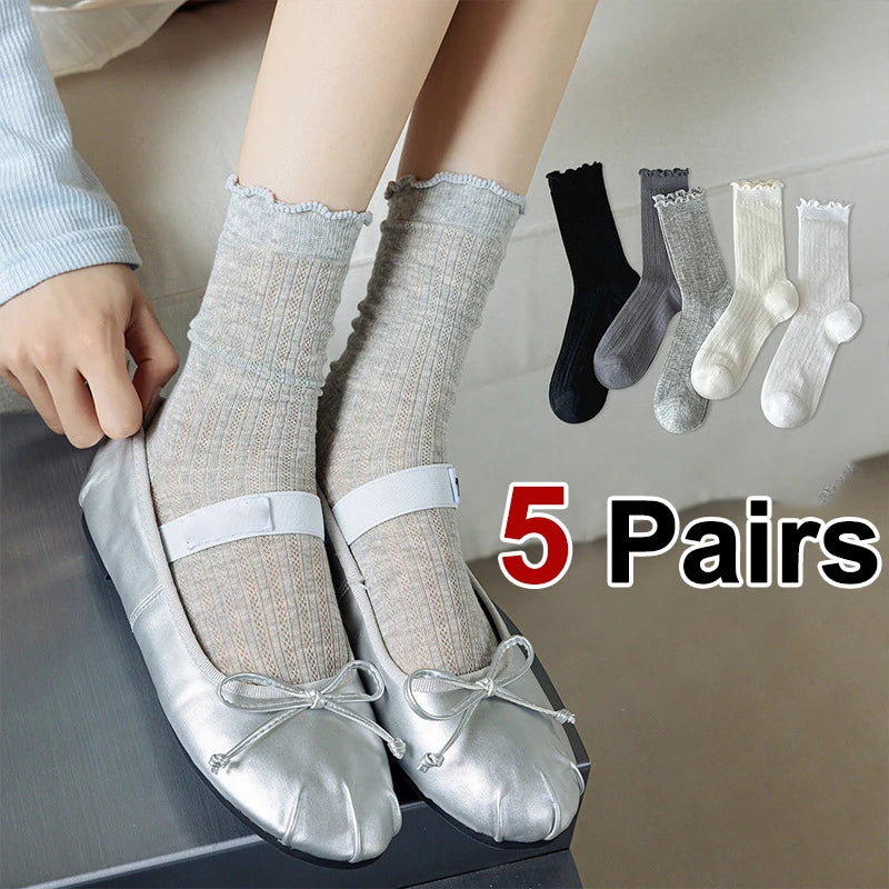 5/10 Pairs Women Solid Color Mesh Mid Tube Socks Summer Lightweight Breathable Fashionable Wavy Edge Ballet Style Casual Socks
