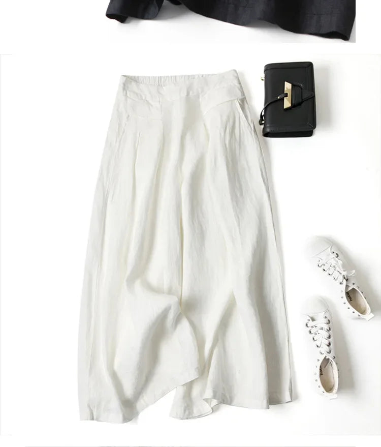 2026 Summer Women's Culottes Cotton Linen Cropped Wide Leg Pants Elastic Waist Casual Palazzo Trousers with Pockets