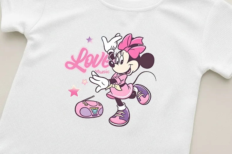 DISNEY Children's Casual T Shirt and Shorts 2pcs Sets Cute Minnie Printed Girls Fashion Outfits Summer Kids Outdoor Shorts Set