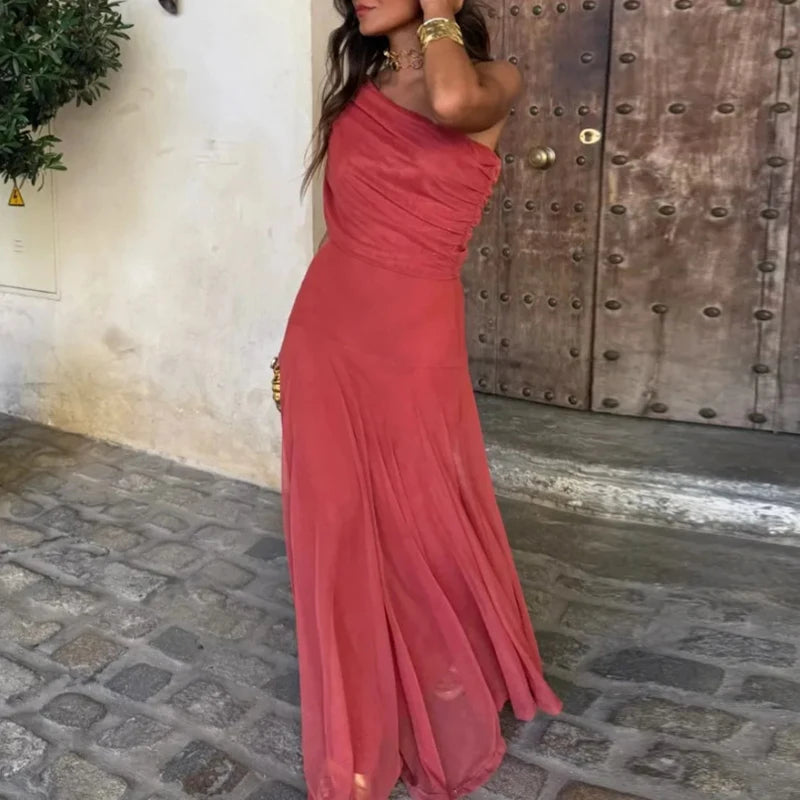 Sexy Sleeveless Commuter Dress Fashion Hight Waist Strapless Slim Long Dress Women Elegant Mesh Splicing Solid Color Party Dress