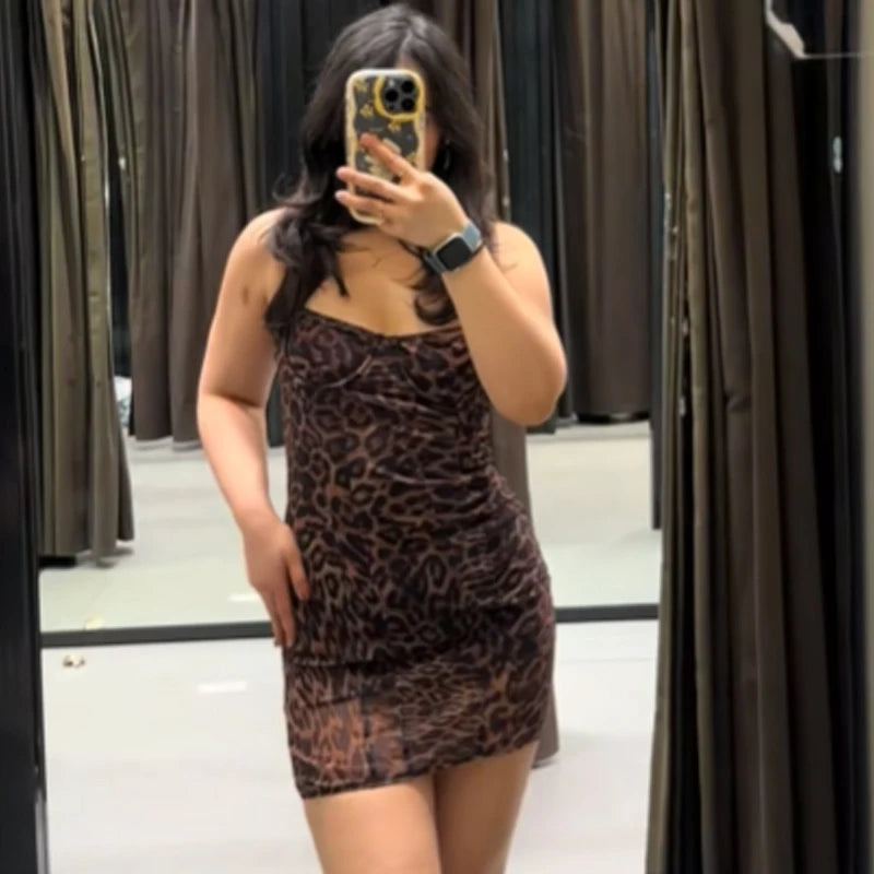 HXAO Women's Tulle Leopard Slip Dress Women's Dress Summer 2026 Mini Bustier Sleeveless Backless Dress Sexy Club Party Vestidos