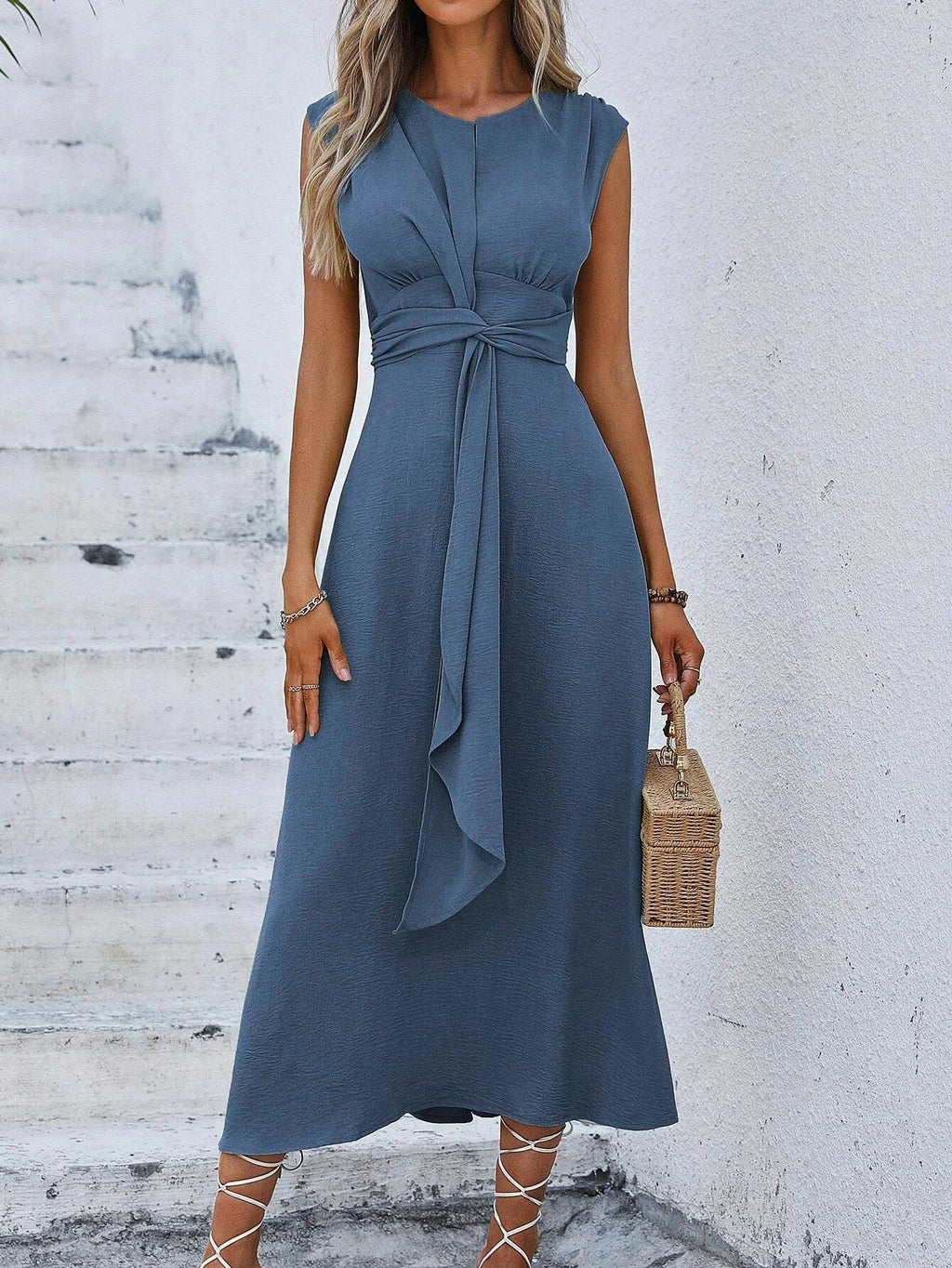 Women's Solid Color A-Line Dress Sleeveless Front Thin Straps Elegant Belted Midi Dress for Summer