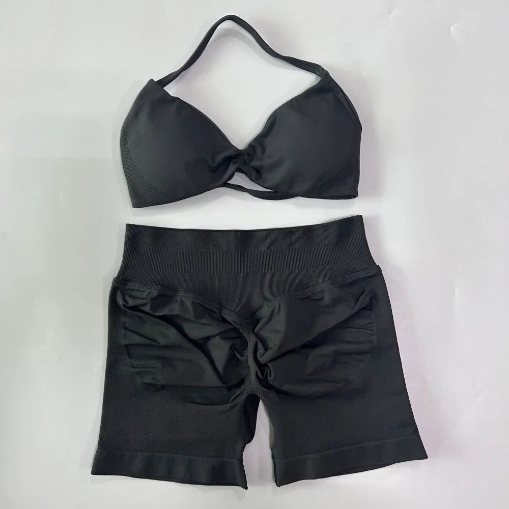 NO LOGO 2PCS Gym Set Women Strappy Yoga Bra Top High Waist Workout Scrunch Shorts Sports Suit Seamless Yoga Set Fitness Clothes