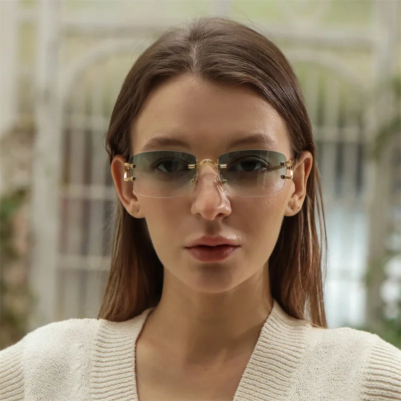 New Small Narrow Rimless Sunglasses Fashion Frameless Rectangle Tinted Lens Eyewear 90s Glasses for Women Men