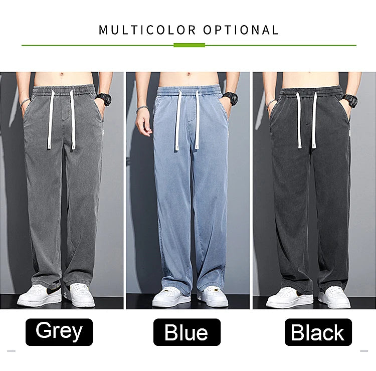 Summer Soft Lyocell Fabric Men's Jeans Thin Loose Straight Pants Drawstring Elastic Waist Korea Casual Trousers Plus Size M-5XL