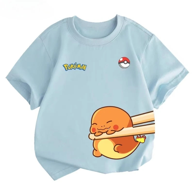 Potdemiel Summer New Pikachu Print Children's Pure Cotton T-Shirt, Boys and Girls, Comfortable and Breathable Children's T-Shirt
