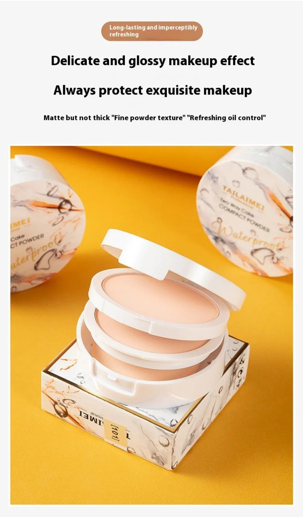 TLM TAILAIMEI  Two-Way Cake Compact Powder with Puff Matte Finish Face Powder Makeup Oil Control Lightweight Pressed Powder P105