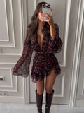 Flora Painted Ruffle Mini Dress Women Elegant Full Sleeve Deep V-neck Slim A-line Dresses 2026 Lady Holiday Street Outwears New