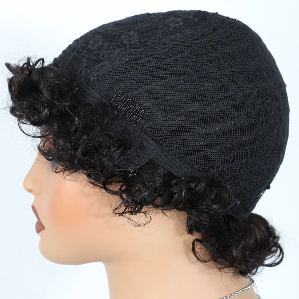 Brazilian Short Bob Pixie Afro Kinky Curly Wigs With Bangs For Black Women Natural Brown 99J Full Machine Made Human Hair Wigs