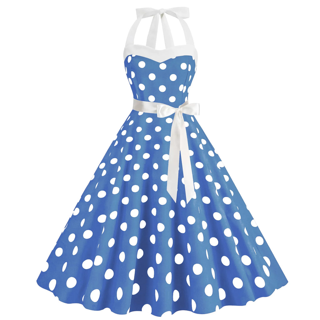 Elegant Women Pink Polka Dot Dress Summer Robe Hepburn 1950s 60s Vintage Sexy Halter Rockabilly Retro Party Dresses 2026 Vestido