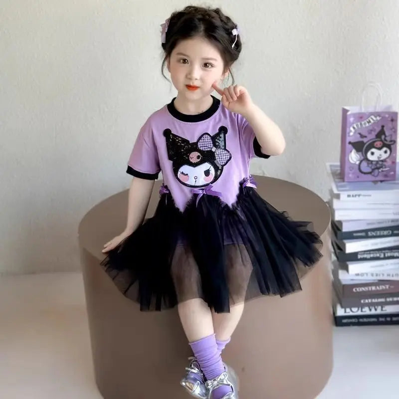 kuromi Princess Style Short Sleeve Dress for Girls Baby Mesh Skirt Summer New Arrival Children's Clothing Casual Daily Skirt