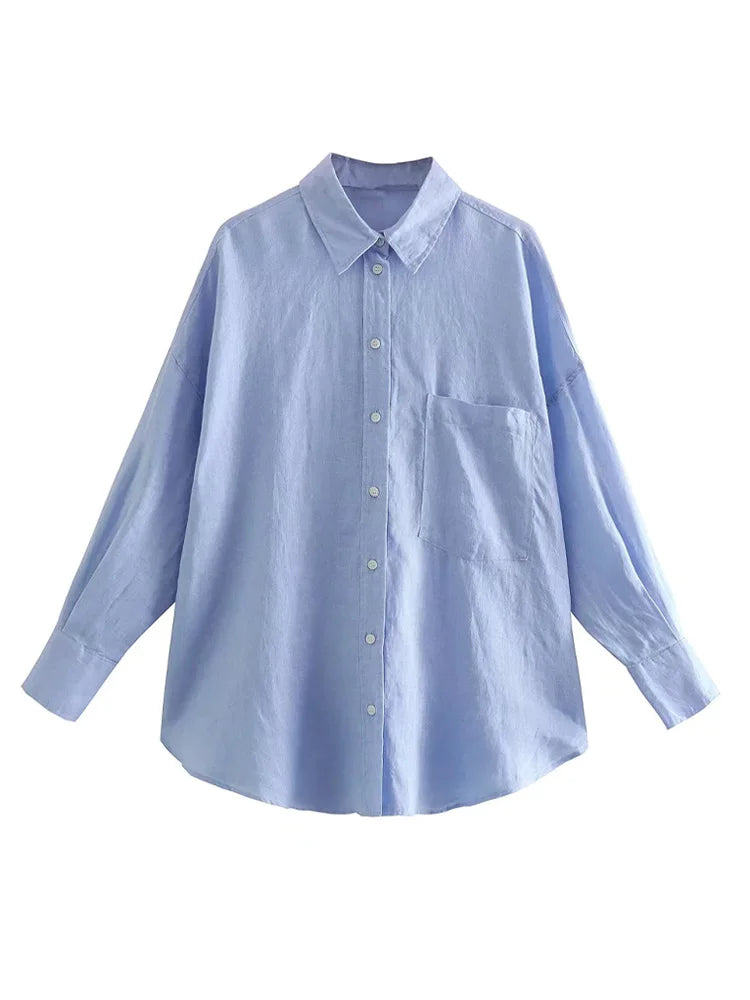 Women Fashion With Pocket Oversized Shirts Vintage Long Sleeve Button-up Female Blouses Blusas Chic Tops
