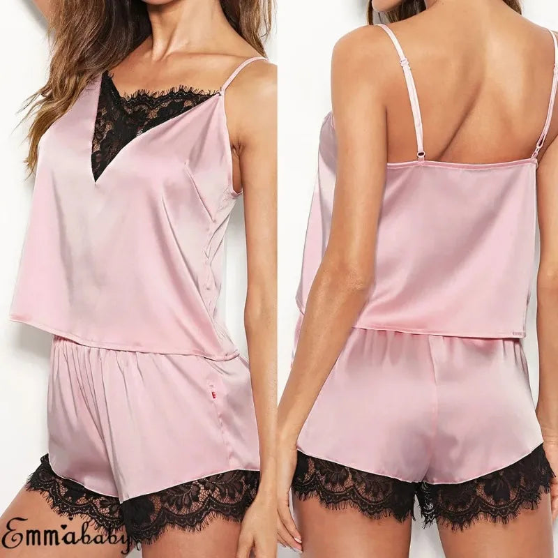 Women Ice Silk Pajamas Sleepwear Pajama Set Nightgowns Nightdress Camisole Shorts Black Red L XL Lace Casual Sexy Smooth  파자마