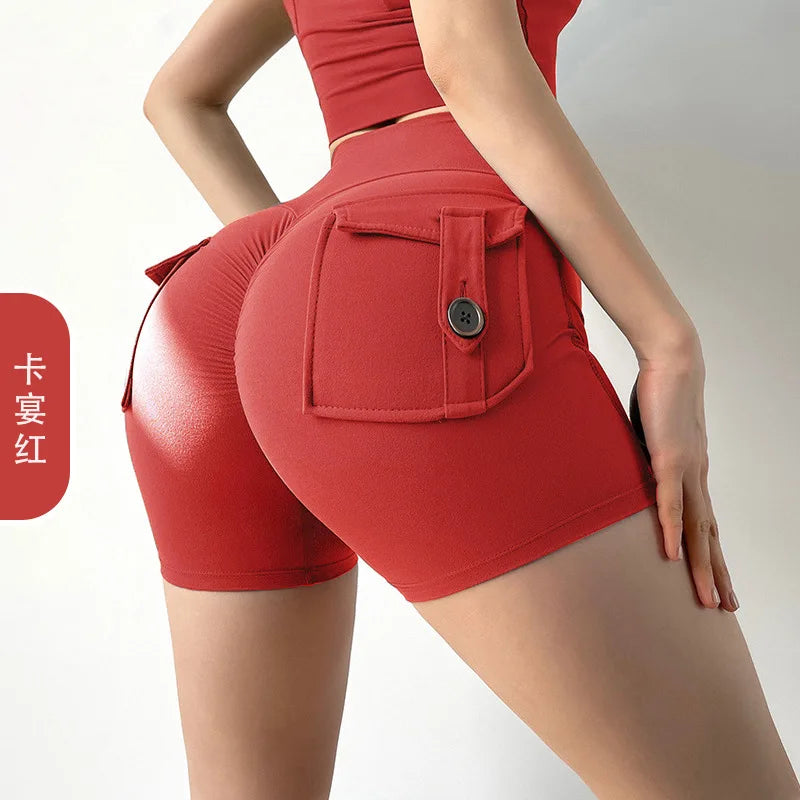 Summer Peach Butt Fitness Exercise Three-Quarter Pants Cargo Air Dry Pocket Yoga Tight lift the hips Women's Shorts