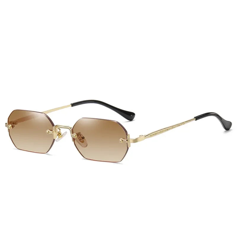 Rimless Rectangle Sunglasses Small Men Glasses Women Metal Gold Polygon Blue Shades 2024 UV400 Frameless